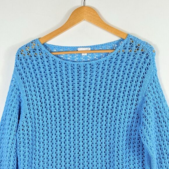 J. Jill Aqua Blue Open Knit Crochet Loose Fit‎ 3/4 Sleeve Sweater Women's Small - Picture 2 of 6